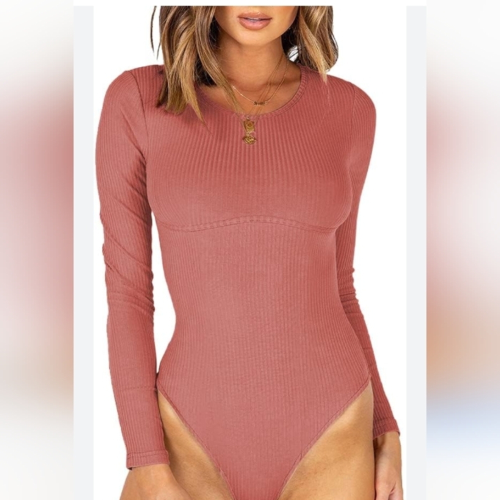 FOREVER 21 Pink Solid Long Sleeve Opaque Bodysuit One Piece XS